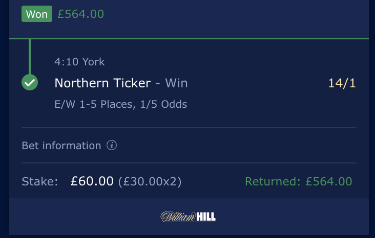 Northern Ticker 14/1 Winner £564.00