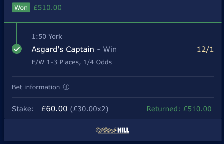 Asgard's Captain 12/1 Winner £510.00